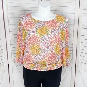 Sam & Jess Floral Butterfly Sleeve Smocked Waist Blouse Pink Multi Large